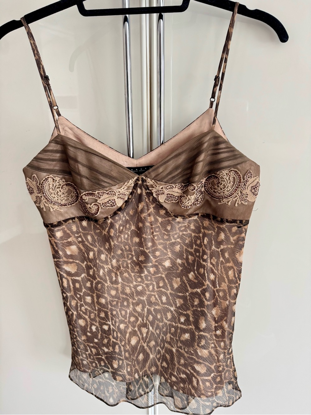 Laundry By Shelli Segal Brown Leopard Lace Trim Silk Camisole